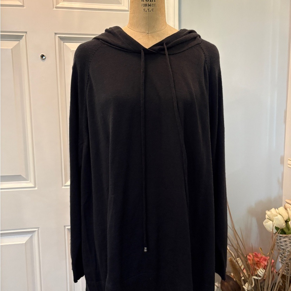 Soft Surroundings Women Black Wool Blend Knit Button Sleeve Hoodie Sweater 5BV30